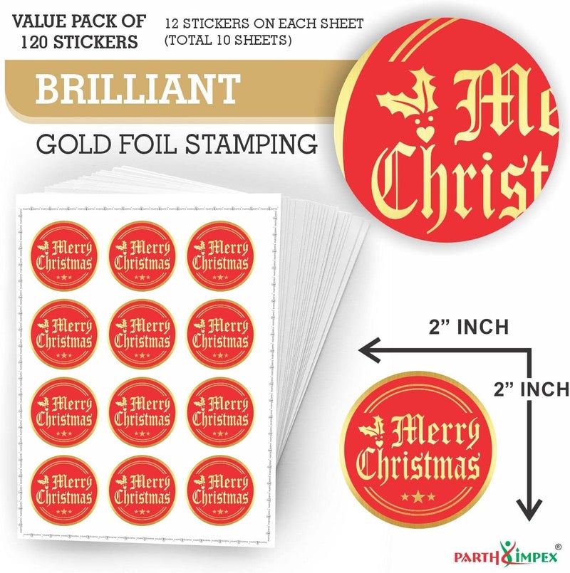 PARTH IMPEX Merry Christmas Stickers Seals Labels - (Pack of 120) 2" Large Round Gold Foil Stamping on Red for Cards Gift Envelopes Boxes - Image 2