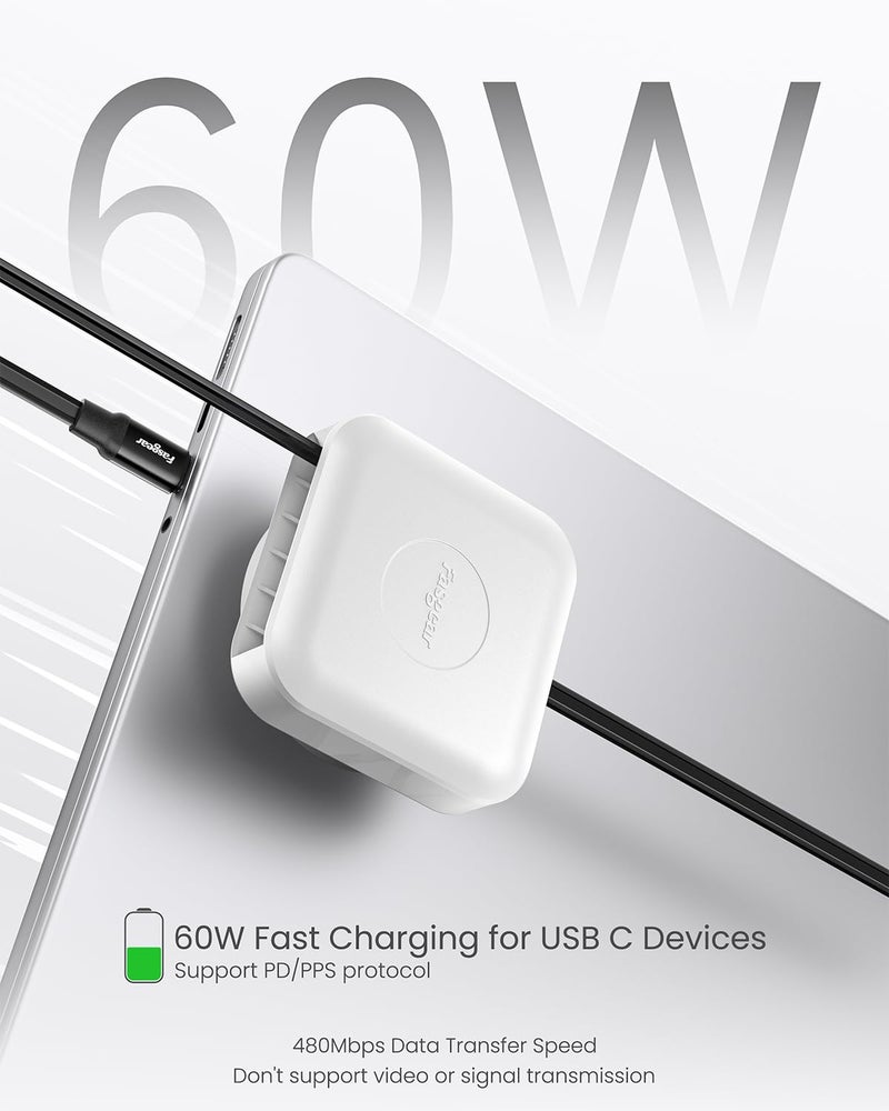 Fasgear Retractable USB C Cable, 60W PD/PPS Fast Charging Retractable USB C to USB C 2.0 Charger Cord for i-Phone 17 16/i-Pad/Galaxy S24 S23/Google Pixel, 360° Rotatable Desk Type C Cable(White) - Image 3