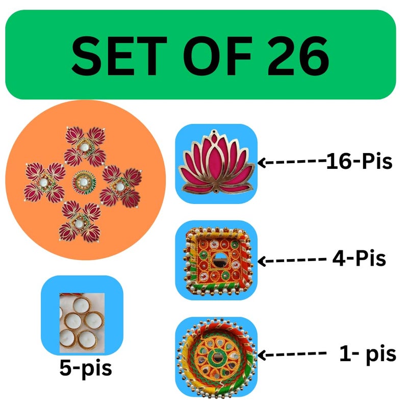 PREETENCY Handmade Set of 26 Pink Lotus Chudi Diya Rangoli Candles with Wax with Multi Color Rings for Diwali Ganesh Chaturthi Laxmi Pooja Home Temple Rangoli Diya Floor Decoration - Image 4