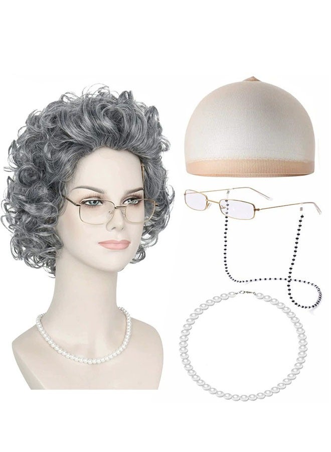 Old Lady Costume for Women, Granny Cosplay Wig Set, 100 Days of School Costume for Kids Girls, Wig Glasses Wig Cap Pearl Necklace Accessories, 4 Pieces, Grey  - Image 1