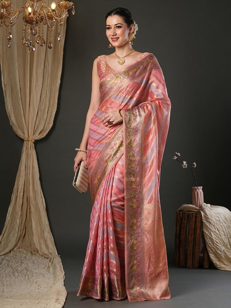SAREE MALL Women's Pink Organza Ethnic Motif Printed Saree With Unstitched Blouse Piece (UNATI1204_AC) - Image 4