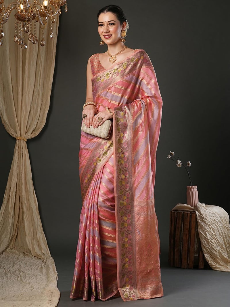 SAREE MALL Women's Pink Organza Ethnic Motif Printed Saree With Unstitched Blouse Piece (UNATI1204_AC) - Image 3