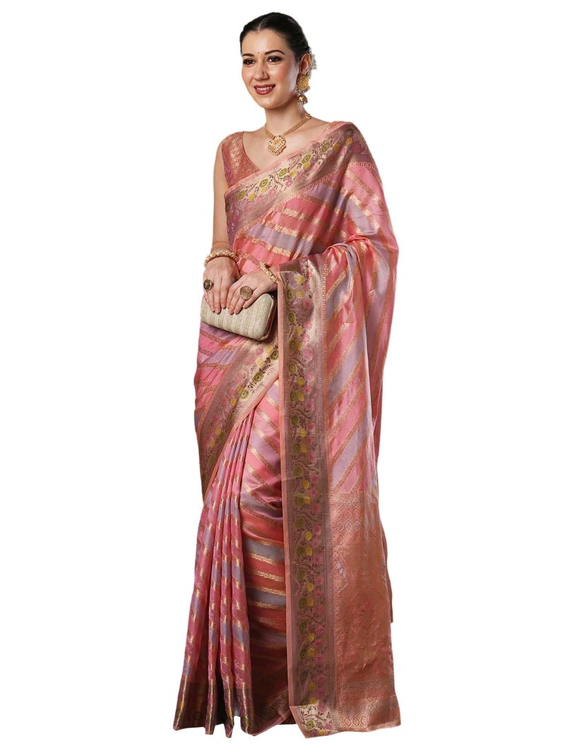 SAREE MALL Women's Pink Organza Ethnic Motif Printed Saree With Unstitched Blouse Piece (UNATI1204_AC) - Image 1