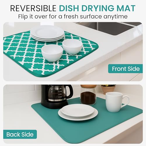 Bambüsi Dish Drying Mat - Microfiber Kitchen Counter Mat, Super Absorbent & Quick Dry Dish Drying Pad for Dishes, Utensils, Pots & Pans - Large Reversible Drying Mat for Kitchen Countertops, Coffee Bar, Green - Image 3