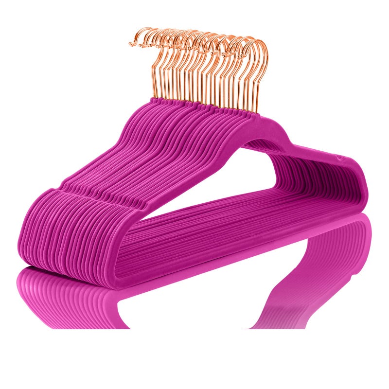 MIZGI Premium Velvet Hangers (Pack of 50) Heavyduty - Non Slip - Velvet Suit Hangers Pink - Copper/Rose Gold Hooks,Space Saving Clothes Hangers - Image 1