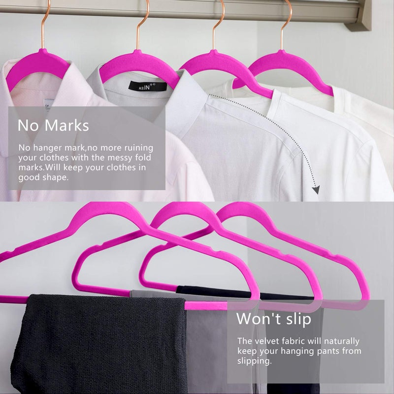 MIZGI Premium Velvet Hangers (Pack of 50) Heavyduty - Non Slip - Velvet Suit Hangers Pink - Copper/Rose Gold Hooks,Space Saving Clothes Hangers - Image 4