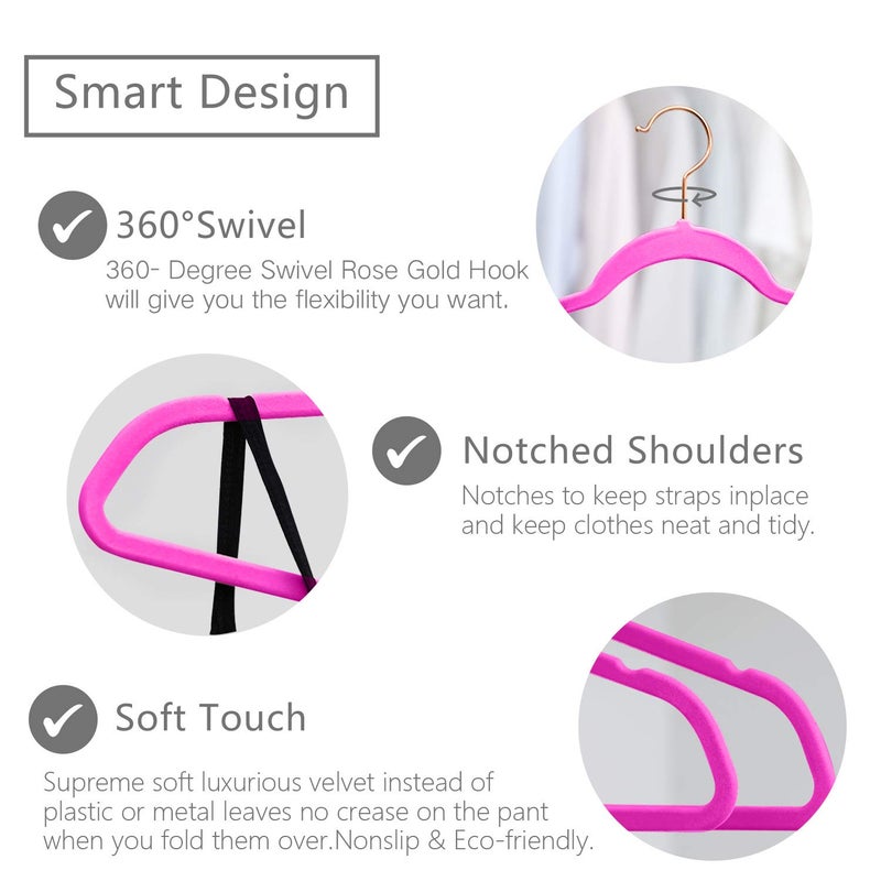 MIZGI Premium Velvet Hangers (Pack of 50) Heavyduty - Non Slip - Velvet Suit Hangers Pink - Copper/Rose Gold Hooks,Space Saving Clothes Hangers - Image 3