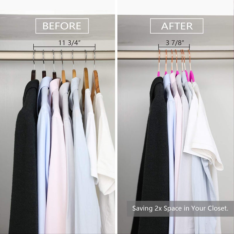 MIZGI Premium Velvet Hangers (Pack of 50) Heavyduty - Non Slip - Velvet Suit Hangers Pink - Copper/Rose Gold Hooks,Space Saving Clothes Hangers - Image 5