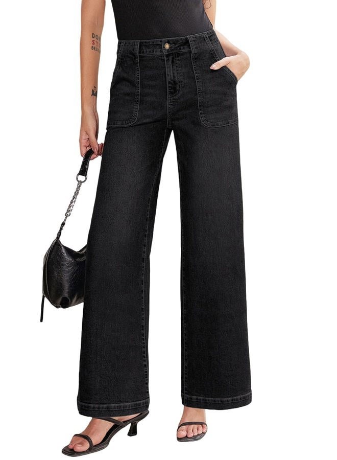 Sidefeel Womens Wide Leg Jeans High Waisted Baggy Jeans Stretchy Straight Leg Denim Pants with Front Pockets, Black, 8 - Image 1