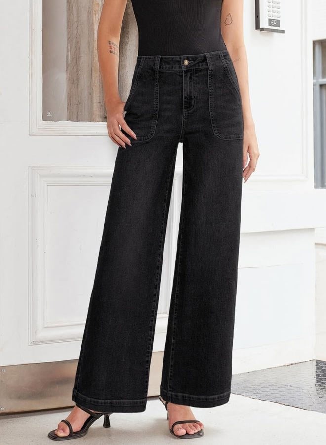 Sidefeel Womens Wide Leg Jeans High Waisted Baggy Jeans Stretchy Straight Leg Denim Pants with Front Pockets, Black, 8 - Image 4