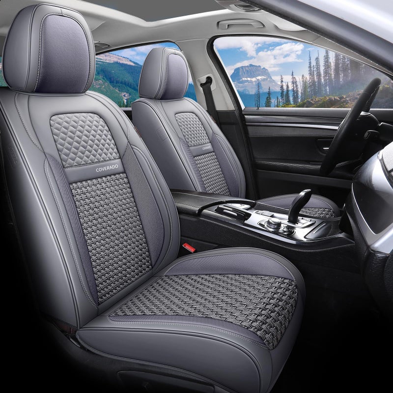 Coverado Car Seat Covers Front Seats Waterproof Front Seat Covers Nappa Leather Seat Covers for Cars Breathable Summer Car Seat Cushion Universal Fit for Most Cars SUV TrucksFront Gray