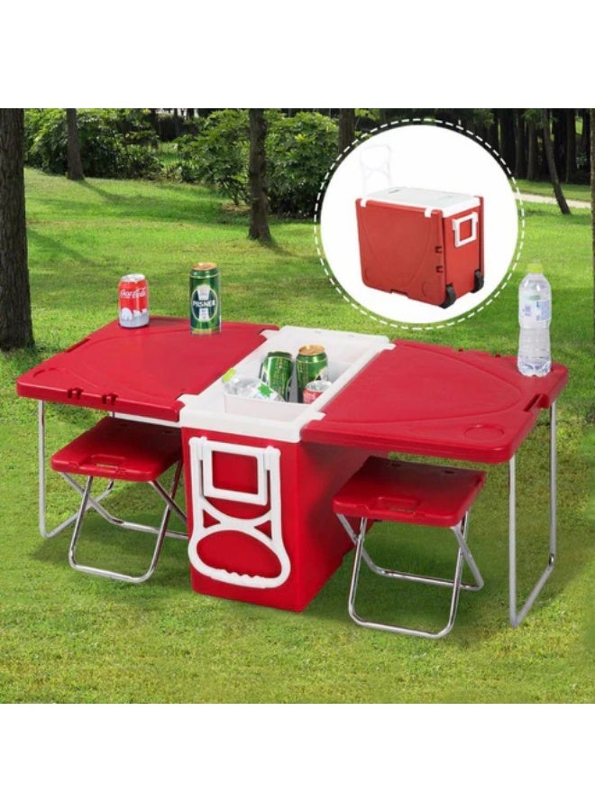 كروني حاضنة بلاستيكية بسعة 28 لترًا مع كرسيين ومكتب وطاولة نزهة متعددة الوظائف مع حاضنة تبريد | أحمر - Image 2