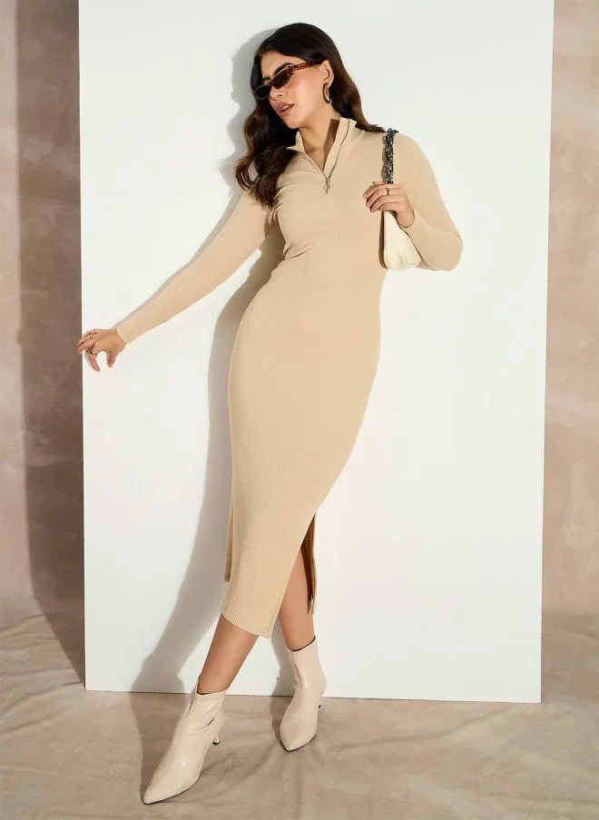 SASSAFRAS Beige High Neck Bodycon Midi Dress for Women