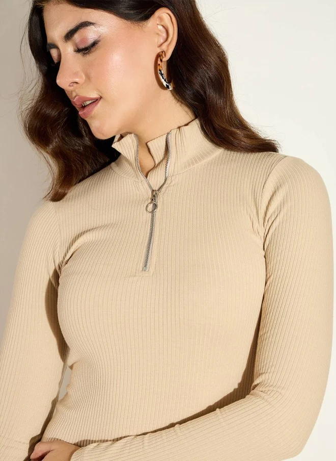 SASSAFRAS Beige High Neck Bodycon Midi Dress for Women