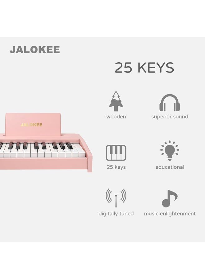 JALOKEE بيانو أطفال، بيانو رقمي للأطفال، أداة تعليمية موسيقية، بيانو خشبي للأطفال الصغار (وردي، 25 مفتاح) - Image 2
