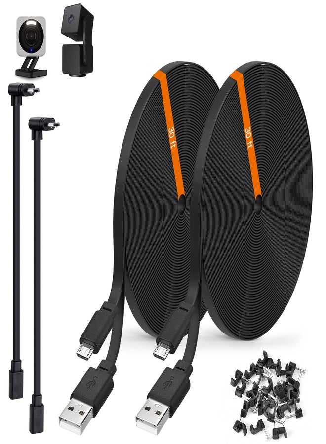 weishan 2-Pack 30ft Power Extension Cable Compatible with Wyze Cam v4,Wyze Cam Pan v3,Wyze OG,Wyze Cam v3 and v3 Pro Security Cameras - 9m Long Flat USB to Micro USB Charging Cord with L-Shaped Adapter, Black - Image 1