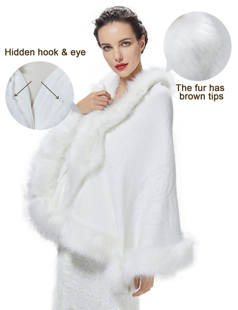BEAUTELICATE Faux Fur Shawl Wrap Stole Shrug Bridal Winter Wedding with Hook - Image 4
