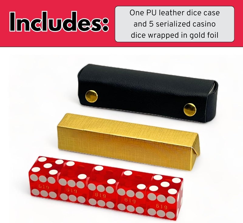 Luck Lab Grade AAA 19mm Casino Dice with Razor Edges and Matching Serial Numbers Set of 5 and Leather Dice Case (Red) - Image 3