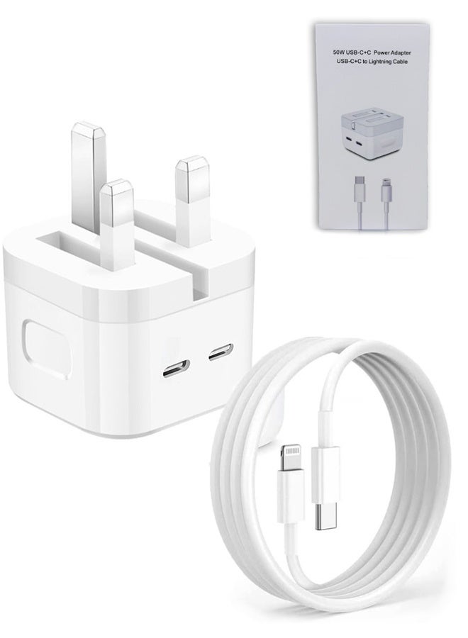 شاحن USB-C سريع ٥٠ واط مع كابل شحن، شاحن حائطي لأجهزة iPhone 16/15 Pro Max/Pro/Plus وجميع هواتف Type-C، منفذان ٢٥ واط لكل منهما، منفذ واحد ٥٠ واط، للاستخدام المنزلي والسفر. - Image 1