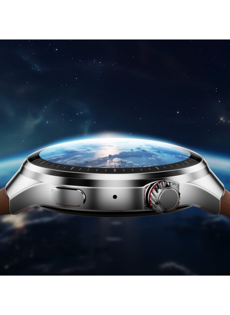 بيبل - Dome، شاشة AMOLED كروية ثلاثية الأبعاد مقاس 1.52 بوصة، ساعة ذكية معدنية فاخرة للرجال والنساء، حزام جلدي، شحن لاسلكي، اتصال بلوتوث، عمر بطارية طويل، شاشة تعمل دائمًا، بني ويسكي - Image 1