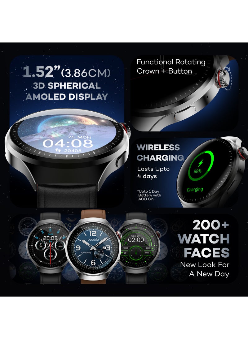 بيبل - Dome، شاشة AMOLED كروية ثلاثية الأبعاد مقاس 1.52 بوصة، ساعة ذكية معدنية فاخرة للرجال والنساء، حزام جلدي، شحن لاسلكي، اتصال بلوتوث، عمر بطارية طويل، شاشة تعمل دائمًا، بني ويسكي - Image 1