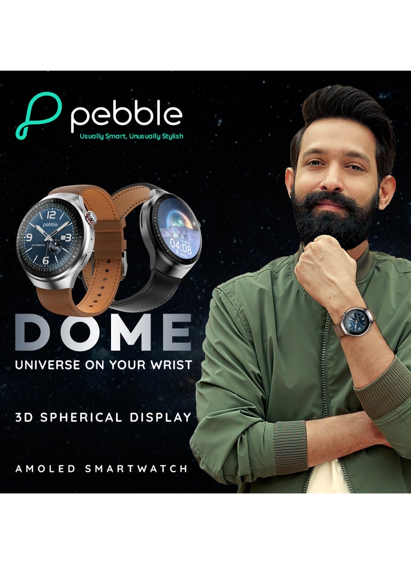 بيبل Dome، شاشة AMOLED كروية ثلاثية الأبعاد مقاس 1.52 بوصة، ساعة ذكية معدنية فاخرة للرجال والنساء، حزام جلدي، شحن لاسلكي، اتصال بلوتوث، عمر بطارية طويل، شاشة تعمل دائمًا، بني ويسكي  - Image 4