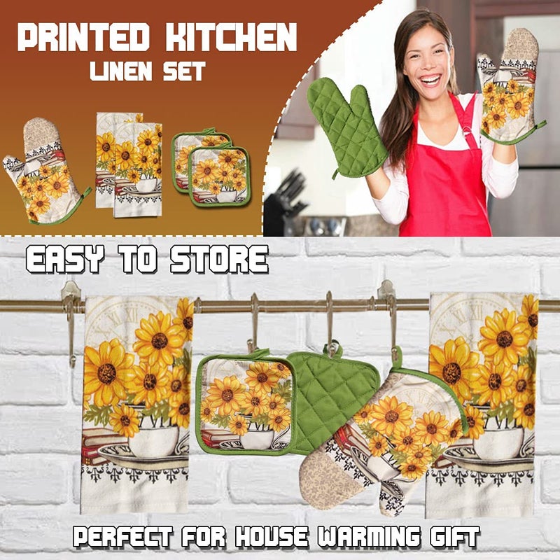 Lobyn Value Packs: Bright Sunflower 5-Piece Kitchen Set - 2 Soft Terry Dish Towels and 2 Quilted Potholders & 1 Oven Mitt for Everyday Use - Image 5