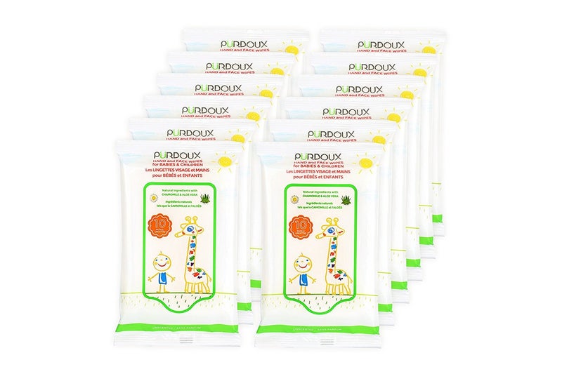 PURDOUX TM Hand and Face Wipes for Babies and Children 120 Wipes (12 Packs of 10) - Image 1
