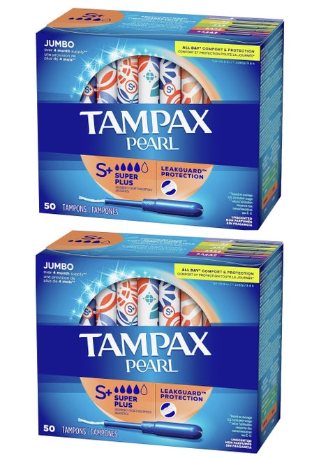 Pearl Tampons Super Plus Absorbency, With Leakguard Braid, Unscented, 50 Count (Pack of 2), 100 Count Total