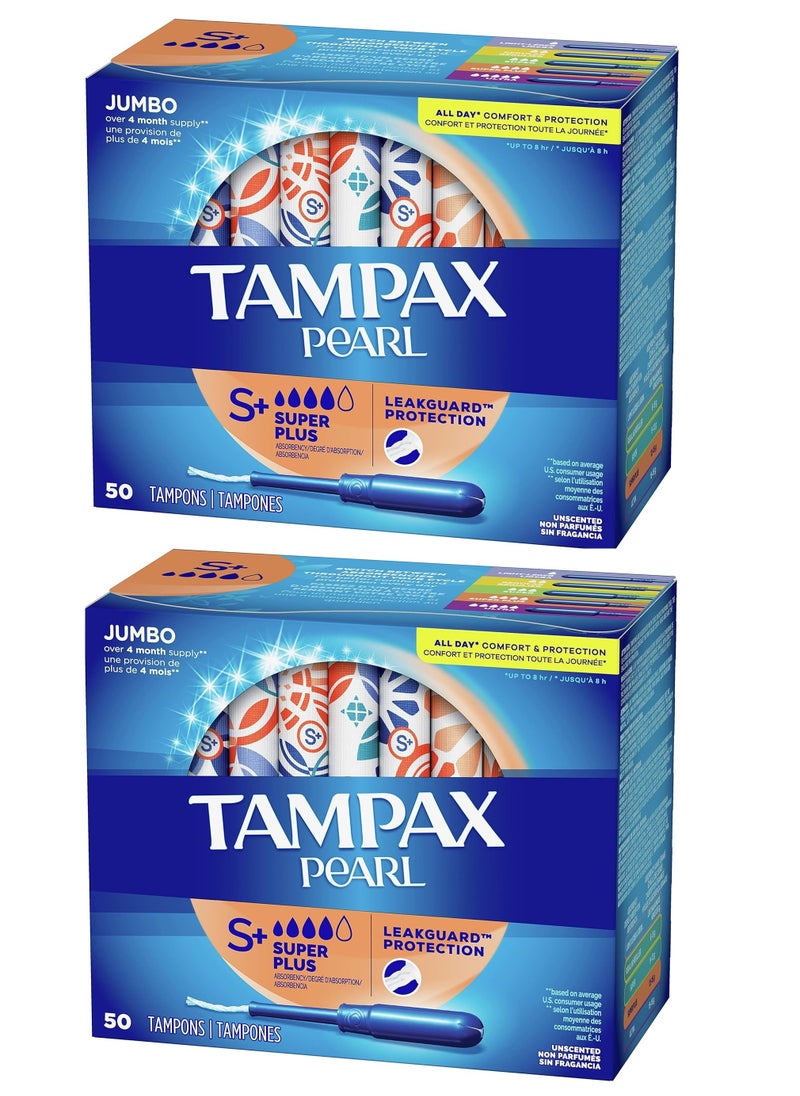 Pearl Tampons Super Plus Absorbency, With Leakguard Braid, Unscented, 50 Count (Pack of 2), 100 Count Total