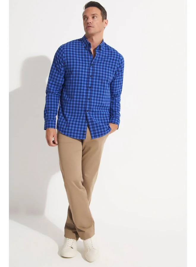 جون June Exclusive Men Regular Fit 100% Cotton Checked Shirt Navy - Blue