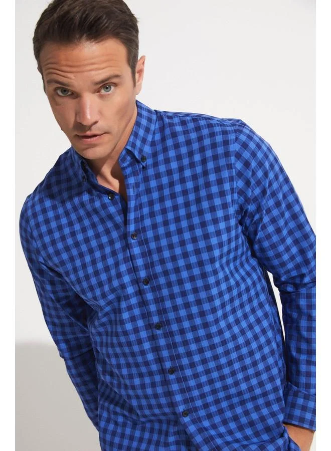 جون June Exclusive Men Regular Fit 100% Cotton Checked Shirt Navy - Blue
