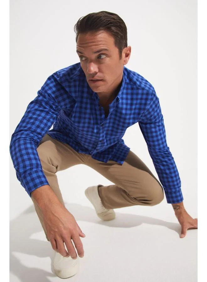 جون June Exclusive Men Regular Fit 100% Cotton Checked Shirt Navy - Blue