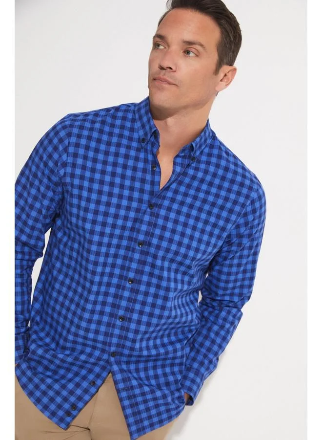 جون June Exclusive Men Regular Fit 100% Cotton Checked Shirt Navy - Blue