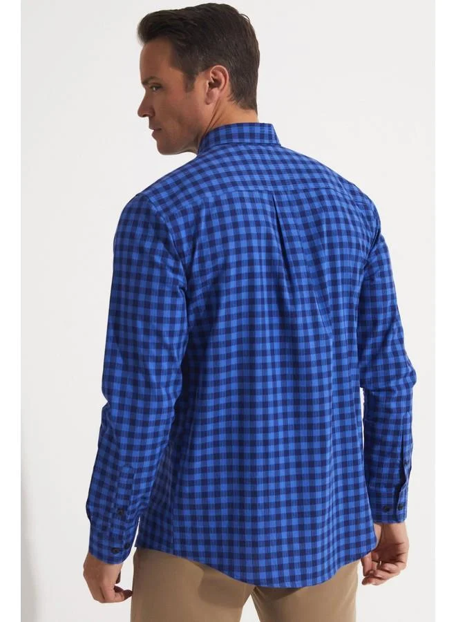 جون June Exclusive Men Regular Fit 100% Cotton Checked Shirt Navy - Blue