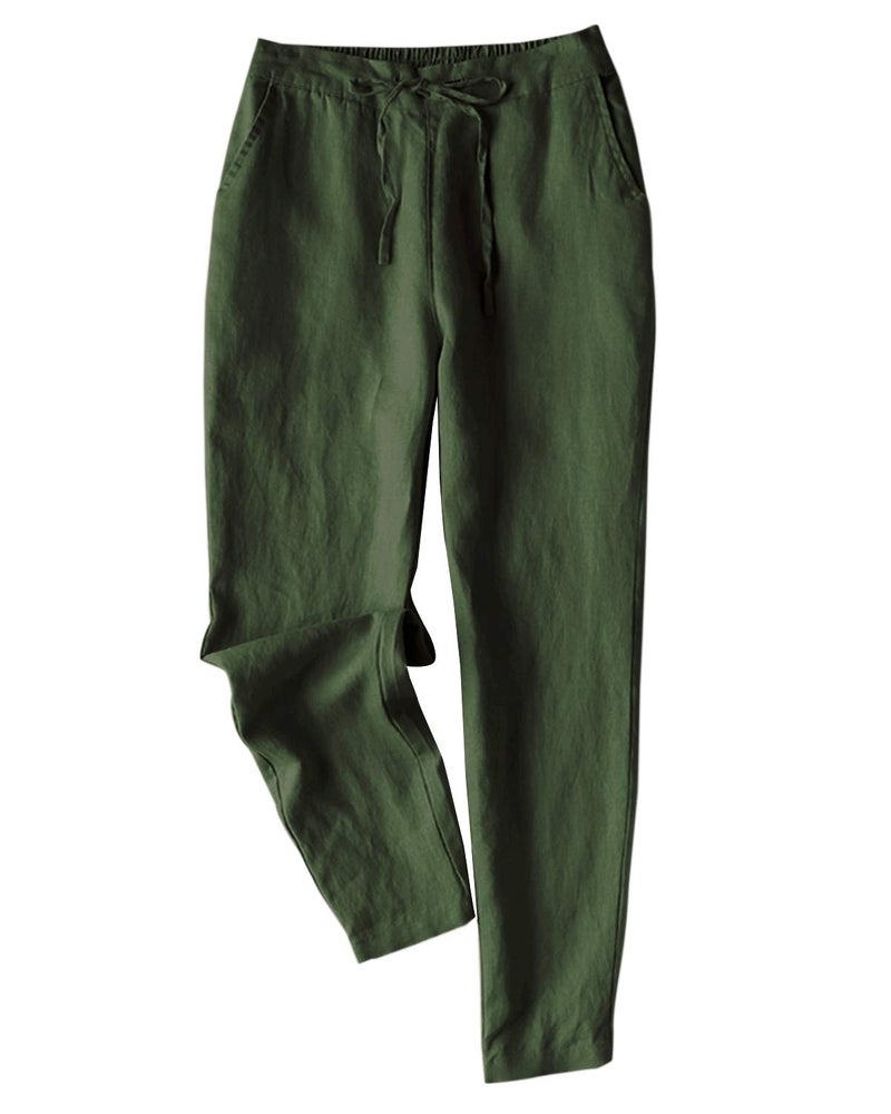 IXIMO Womens Tapered Pants 100 Linen Drawstring Back Elastic Waist Pants Trousers with Pockets Army Green XLarge
