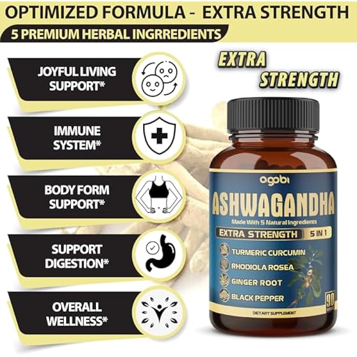 agobi Ashwagandha Extract Capsule - Great Strength - 5in1 Blended Ginger, Turmeric, Rhodiola Rosea & Black Pepper - 90 Capsules for 3 Months - Strength, Spirit & Immune Support - Image 3