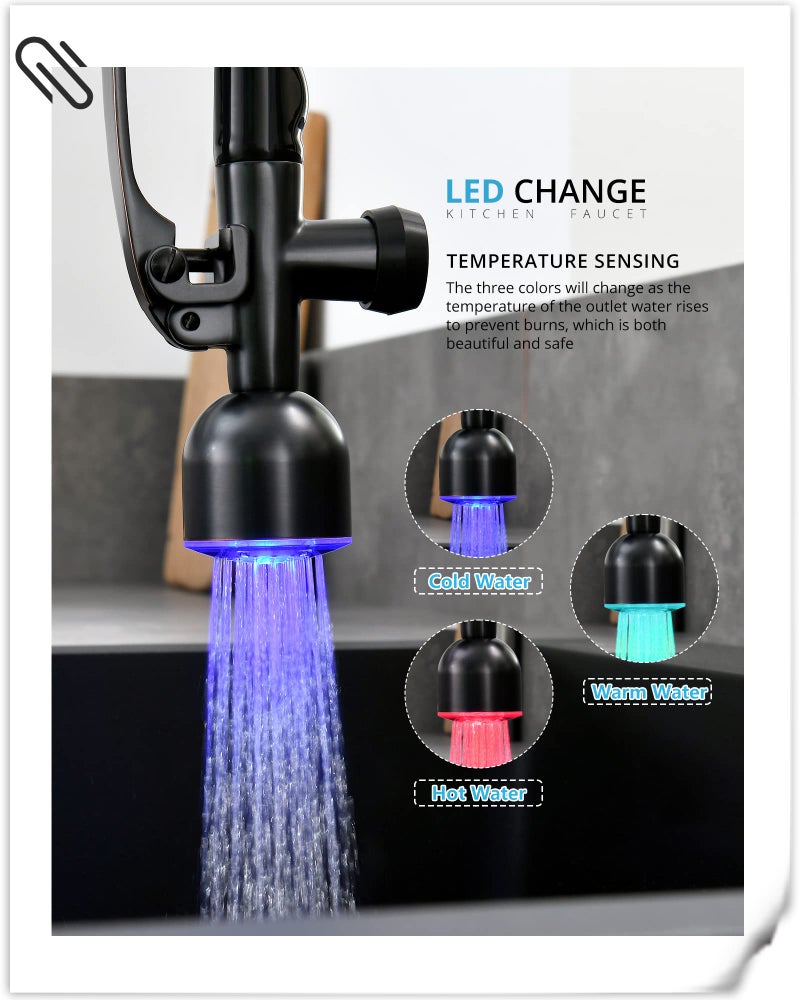 Fapully Commercial Single Handle Pull Down Sprayer Oil Rubbed Bronze Kitchen Faucet, Kitchen Sink Faucet with LED Light - Image 3