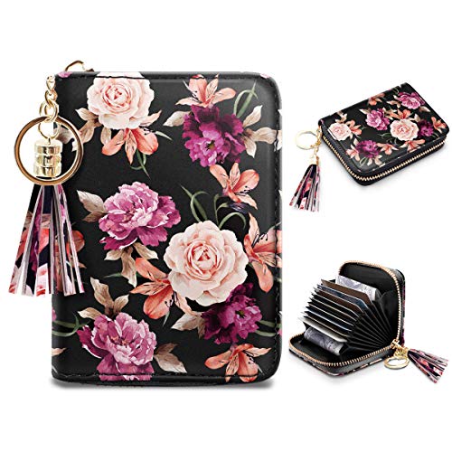 Coco Rossi Women's Flower Credit Card Wallet ID Card Case Floral Cute Accordion Card Holder for Women with Keychan, Black Flower - Image 1