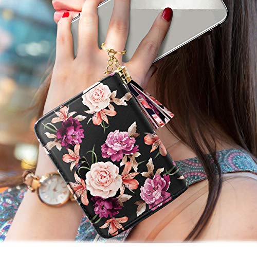 Coco Rossi Women's Flower Credit Card Wallet ID Card Case Floral Cute Accordion Card Holder for Women with Keychan, Black Flower - Image 4