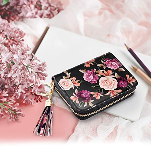 Coco Rossi Women's Flower Credit Card Wallet ID Card Case Floral Cute Accordion Card Holder for Women with Keychan, Black Flower - Image 5