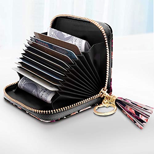 Coco Rossi Women's Flower Credit Card Wallet ID Card Case Floral Cute Accordion Card Holder for Women with Keychan, Black Flower - Image 3