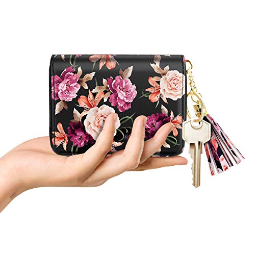 Coco Rossi Women's Flower Credit Card Wallet ID Card Case Floral Cute Accordion Card Holder for Women with Keychan, Black Flower - Image 2