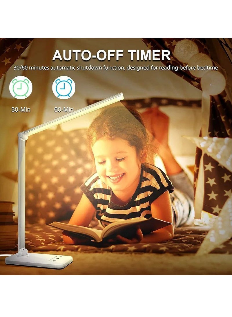 AMROAH - LED Desk Lamp Dimmable Table Lamp Reading Lamp with USB Charging Port, 10 Brightness Modes. 5 Lighting Modes, Sensitive Control, 30/60 Minutes Timer for Home Office Bedroom, White - Image 1