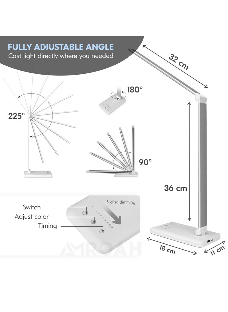 AMROAH - LED Desk Lamp Dimmable Table Lamp Reading Lamp with USB Charging Port, 10 Brightness Modes. 5 Lighting Modes, Sensitive Control, 30/60 Minutes Timer for Home Office Bedroom, White - Image 1