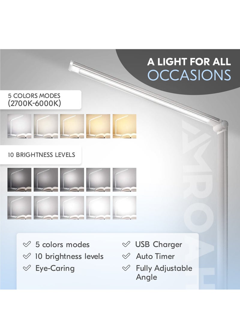 AMROAH - LED Desk Lamp Dimmable Table Lamp Reading Lamp with USB Charging Port, 10 Brightness Modes. 5 Lighting Modes, Sensitive Control, 30/60 Minutes Timer for Home Office Bedroom, White - Image 1