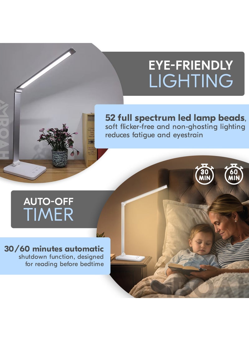 AMROAH - LED Desk Lamp Dimmable Table Lamp Reading Lamp with USB Charging Port, 10 Brightness Modes. 5 Lighting Modes, Sensitive Control, 30/60 Minutes Timer for Home Office Bedroom, White - Image 1