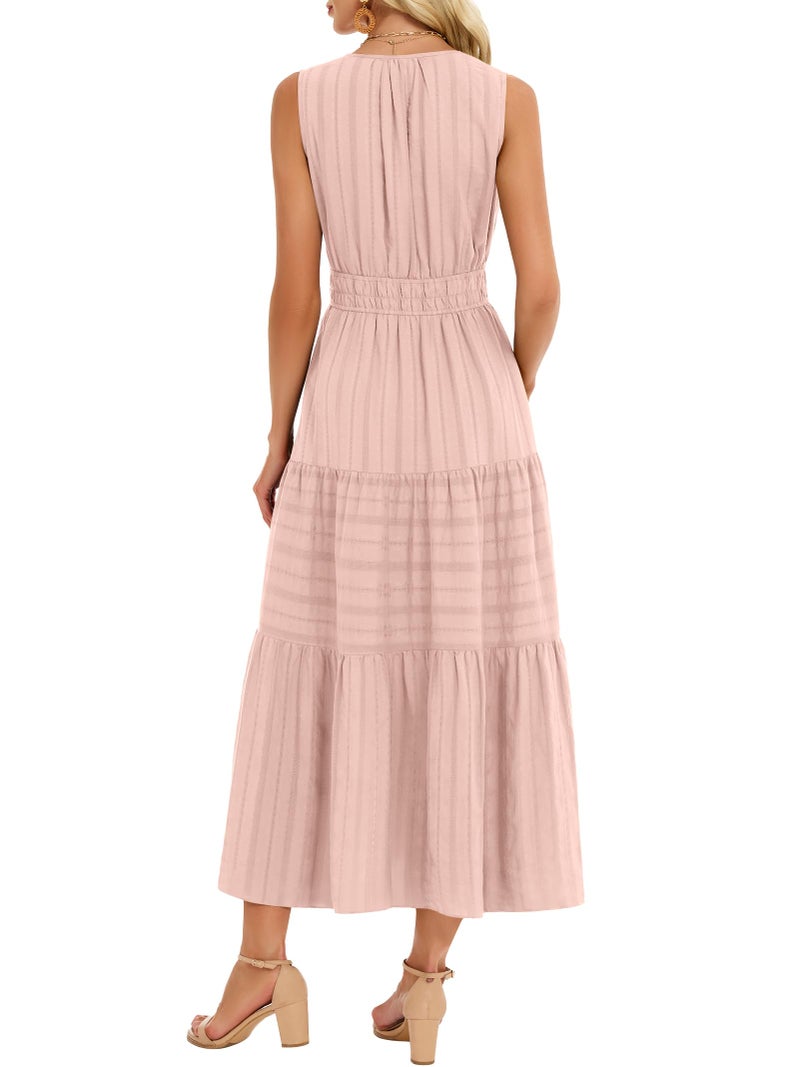 Funlingo Midi Dresses for Women Spring Pink Lightweight Elastic Waist V Neck Cocktail Dress Tiered Cotton Professional Dresses for Church Work Holidays Wedding L - Image 4