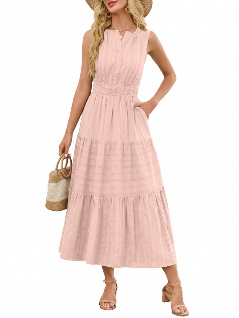 Funlingo Midi Dresses for Women Spring Pink Lightweight Elastic Waist V Neck Cocktail Dress Tiered Cotton Professional Dresses for Church Work Holidays Wedding L - Image 1