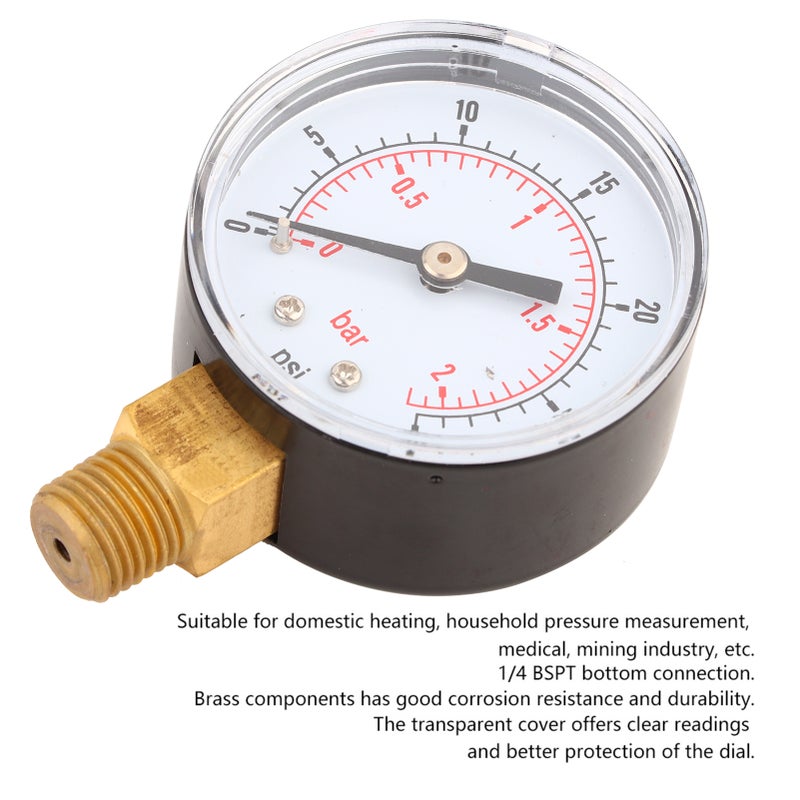 Pressure Gauge 50mm 1/4 BSPT Brass Thread for Fuel Air Oil Gas Water (0-30PSI 0-2Bar) - Image 1